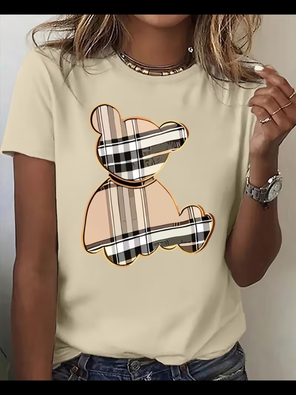 Beige Plaid Teddy Graphic Tee - Women's Short Sleeve